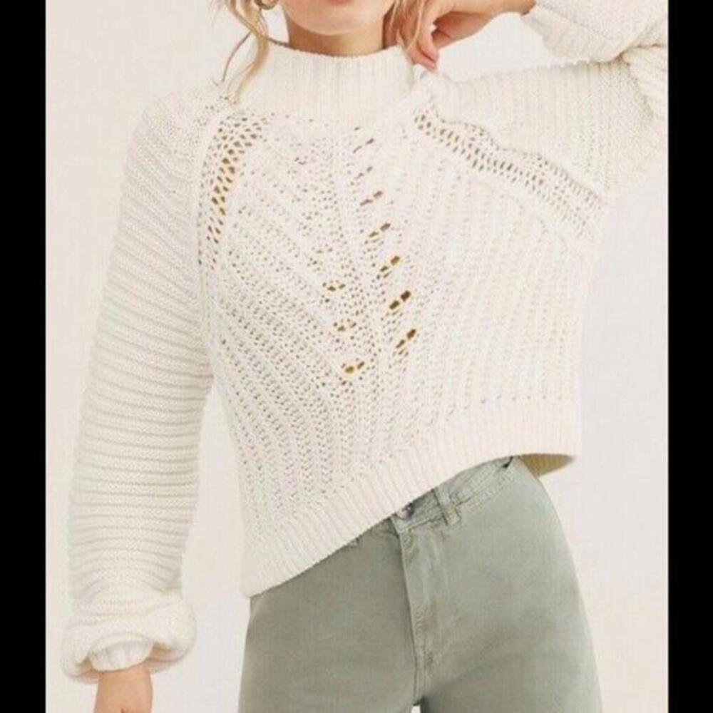 Free People‎ Chunky Knit Sweetheart Mock Neck Ivory Sweater Size XLARGE